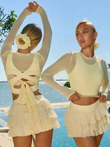 Fluxe Sexy Mesh Hollow Cover-Up For Summer Perfect Airport Outfit Suitable For Tennis Yoga Studio Pilates Daily Wear Cute Summer Outfits Festival Outfits Beach Outfits Sea Going Out Outfits Women's Gym Clothes Gym Female Gym Set Casual Sets Holiday Outfits Vacation Sportswear Workout Sets Yellow Top - Black and White - View 3