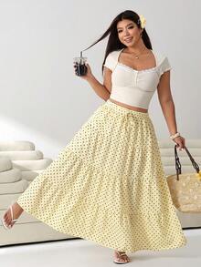 Solflare Plus Size Polka Dot Print Drawstring Design Multi-Layered Skirt Fall - Yellow - View 5