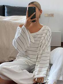 DAZY 女式条纹不对称领口宽松休闲街头风格T恤秋季上衣 - 黑與白 - 查看 4