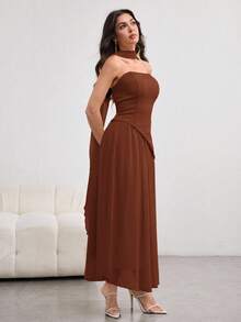 Modelyn 女款春夏季長版淡黃色抹胸不對稱蝴蝶結圍巾領優雅迷人傘擺洋裝 - 棕色 - 查看 6