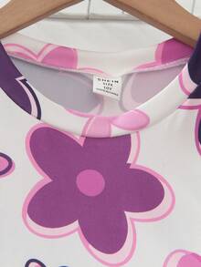 SHEIN Sparklyn 2件組 女童花卉滿版印花T恤與高腰紋理面料寬腿褲 - 彩色 - 查看 3