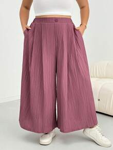 SHEIN CURVE+ 大尺碼女款夏季休閒素色寬腿褲裙 - 中紫紅色 - 查看 3