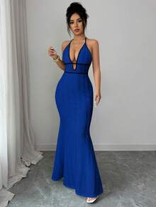 Rafferiza Gaun Bodycon Wanita Musim Semi/Panas yang Menawan, Seksi, Cocok untuk Liburan, Kencan, dan Acara Lainnya. Gaun Bodycon Rajut Bertekstur Pas Badan dengan Tali Bahu Tipis dan Trim Kontras Hitam. - Biru - View 7