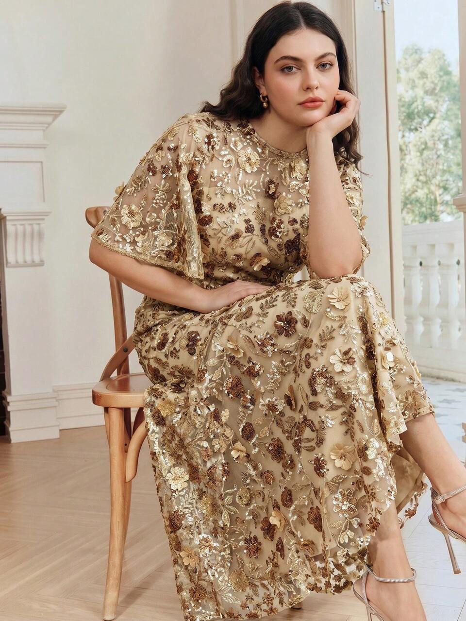 Anewsta Plus Size Women Summer, Festival, Resort Wear Modern Gold-Toned High-End Party Date 3D Floral Mesh Elegant Sequin Ruffle Short Sleeve Dress Spring Outfits For Summer