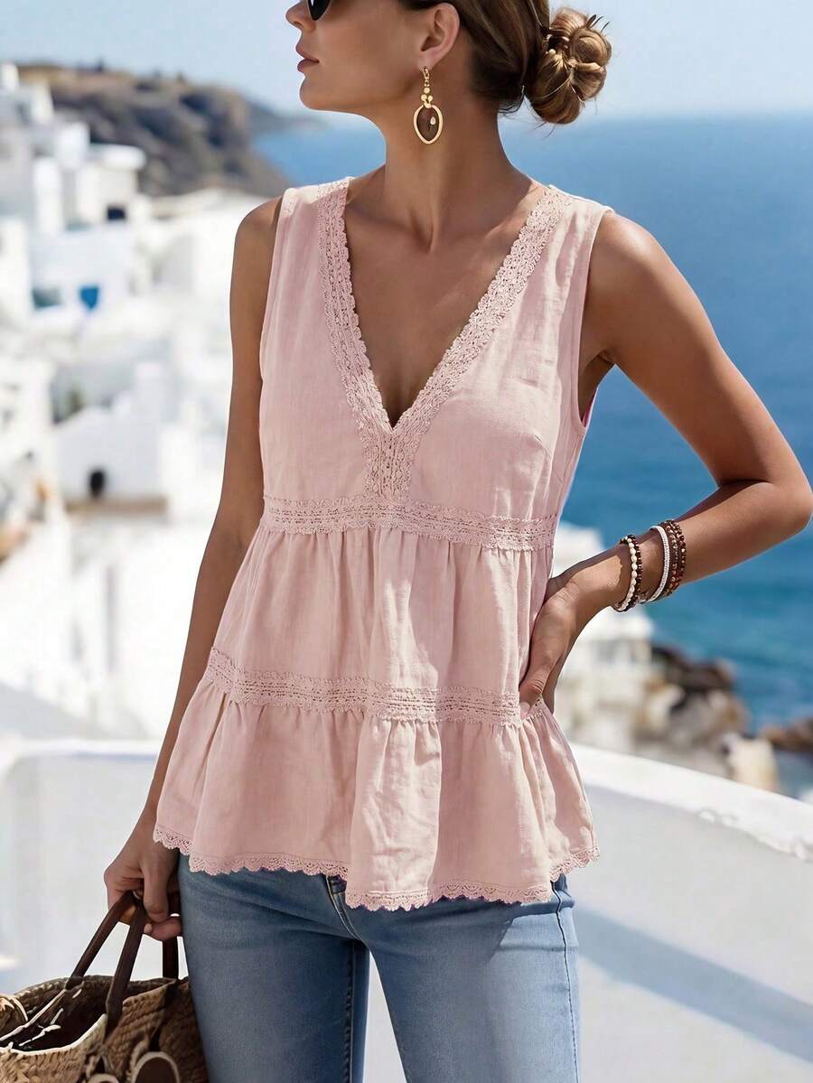 Breezaya Women's Solid Color Lace Ruffle Hem Camisole - Pink - View 1