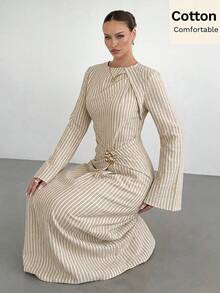 Siren Gaze 女款素色扭結細節前金屬扣飾喇叭長袖洋裝，女款婚禮賓客洋裝，女款冬季洋裝 - 杏色 - 查看 4