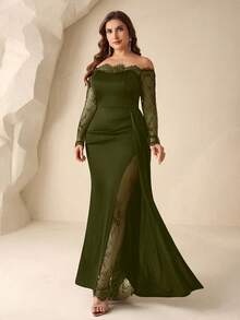 Coutiva Vestido de Noche Formal Talla Grande con Hombros Descubiertos (Diseño Intrincado) - Verde militar - Ver 7
