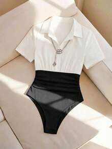 Selianne Women's Vintage Sexy Bodysuit Slimming Fit Elegant High-End Comfortable Versatile Fashionable White And Black Night Office Going Out Club Summer - Black and White - View 5