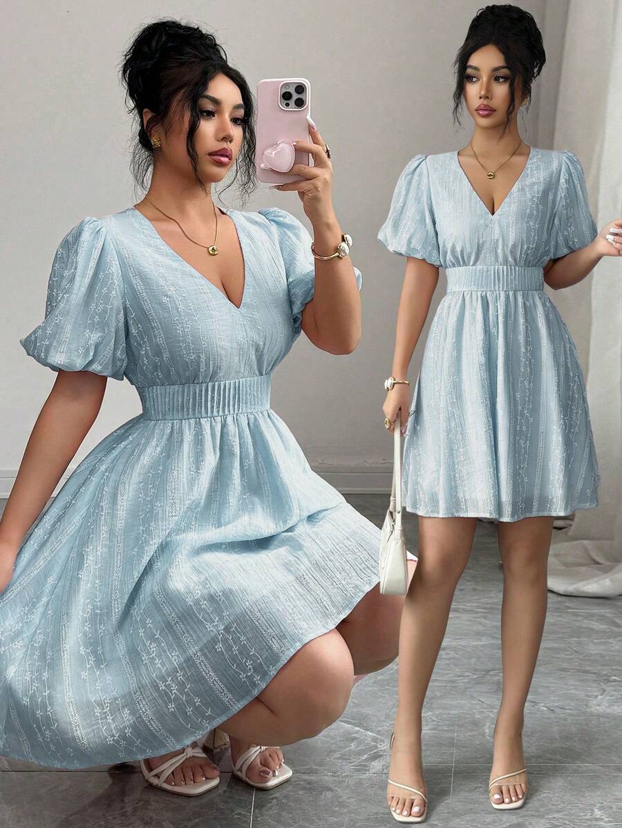 Modelyn Women's Elegant Striped Print Puff Sleeve Short Dress For Spring And Summer - Blue - View 1