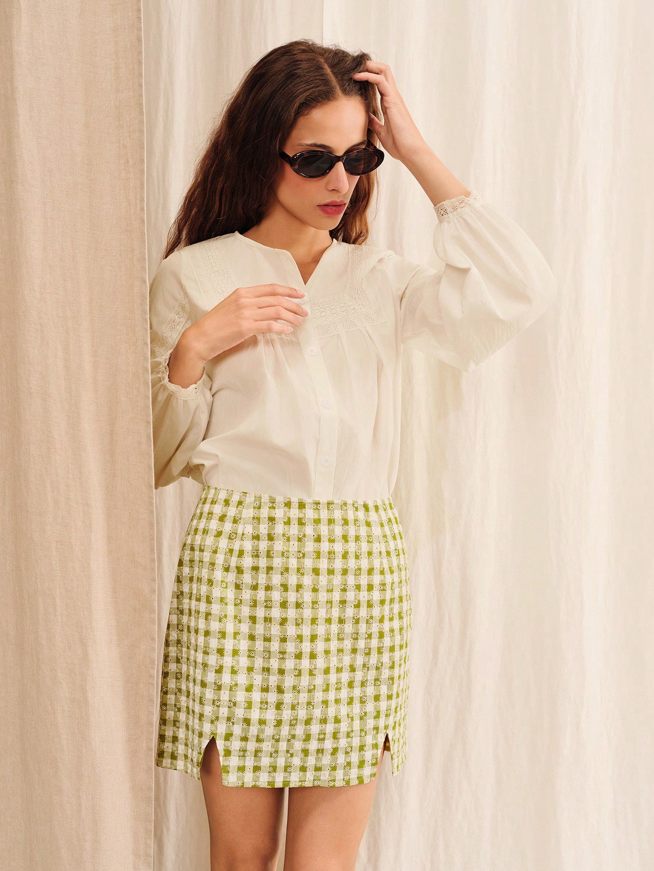 Green Gingham Embroidered Floral High-Waisted Mini Skirt Summer Holiday Casual Vintage Skirt