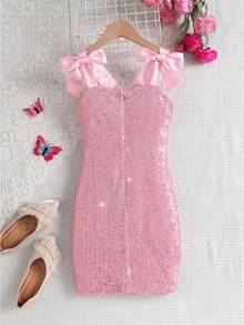 SHEIN Tween Girls 优雅网眼珍珠刺绣细肩带修身连衣裙 - 粉色 - 查看 2