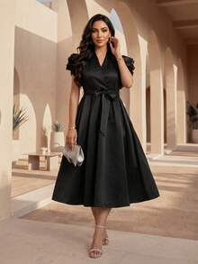 SHEIN Lady Đầm dài xếp ly cổ chữ V màu đen thanh lịch dành cho nữ - màu đen - Xem 3