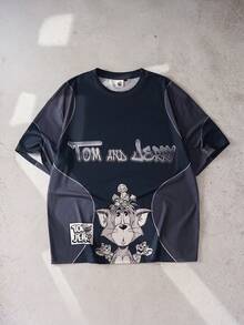 TOM & JERRY X SHEIN Men's Round Neck Short Sleeve Summer Cute Cartoon Print T-Shirt - Black - View 1