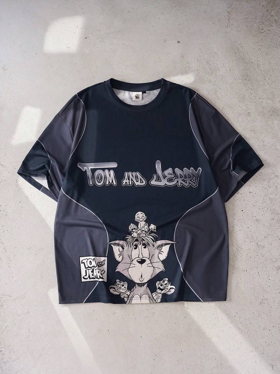 TOM & JERRY X SHEIN Men's Round Neck Short Sleeve Summer Cute Cartoon Print T-Shirt - Black - View 1
