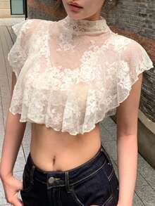 DAZY Elegante Damen-Sommerbluse mit Spitzen-Rüschenbesatz, Schulstil - Aprikosenfarben - Übersicht 3