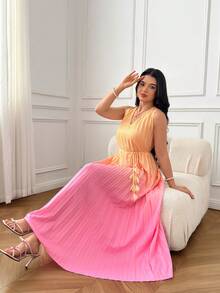 Seusyu Women's Summer Gradient V-Neck Sleeveless Fashion Versatile Long Dress Holiday - Pink - View 9