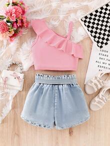 SHEIN Elladie kids 两件套女童活泼可爱不对称上衣+牛仔短裤休闲童装 - 粉色 - 查看 2