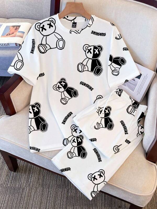 Daypath Men's Teddy Bear And Letter Print Pajama Set, Men's 2-Piece Set