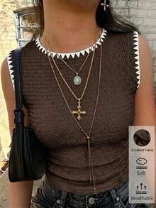 Siren Gaze Summer New All-Match Versatile Textured Hem Trim Slim Fit Tank Top Dark Brown - Brown - View 6