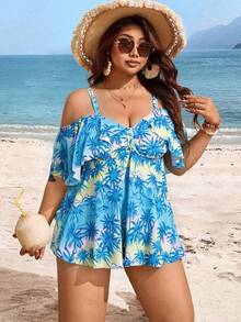 Swim Lushoire Plus Size Random Print Shoulder Strap Adjustable Strap Two Pieces Separated Conservative Fashion Tank Bikini - Baby Blue - View 6