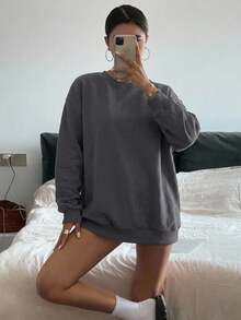 DAZY Women's Solid Color Round Neck Loose Long Sleeve Sweatshirt,Long Sleeve Tops,Fall Clothes,Back To School Clothes - Dark Grey - View 8