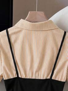 GlowEve Women's Colorblock Striped Short Sleeve Ruffle Button Front Fashion 2-In-1 Shirt, Suitable For Spring/Summer Vacation, Casual, Commute, Daily Wear, Versatile - Coffee Brown - View 6