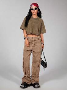 Comfortcana 100% Cotton Washed Basic Short Sleeve T-Shirt, Rust Brown,Summer Top - Rust Brown - View 3