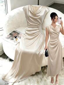 SHEIN Franclia Vestido largo elegante y exquisito para mujer, primavera/verano, para salidas, citas y ir al trabajo, cuello redondo, manga corta, cintura ceñida, abertura curva, bajo asimétrico fruncido - Albaricoque - Ver 4