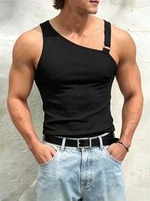 Manfinity Dauomo Men's Solid Color Oblique Shoulder Sleeveless Slim Fit Casual Asymmetrical Hollow Out Tank Top - Black - View 5