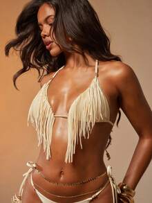 Hauture Top de bikini triangular con detalles de flecos - Blanco - Ver 1