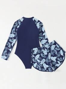 SHEIN 青少年女孩一件式泳衣 & 短褲兩件套裝，長袖附拉鍊，新品上市。適合春/夏海灘游泳。配色紫色花卉印花圖案，時尚設計。舒適面料，清新且時尚 - 彩色 - 查看 2