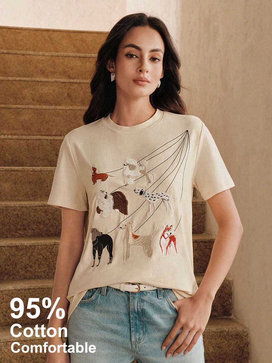 Anewsta Áo thun nữ thường ngày, áo thun thêu 3D dễ thương, áo thun thêu hình chó màu mơ, 95% cotton, 5% spandex - Màu be - Xem 1