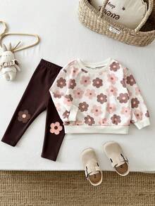 SHEIN Baby Girl Knitted Floral Pattern Crew Neck Casual Sweatshirt And Long Pants 2-Piece Set - Multicolor - View 3