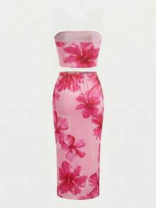 Young Girl Casual Vacation Floral Print Camisole Top And Floral Print Skirt Set - Pink - View 7