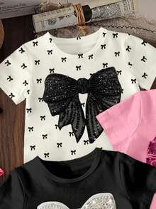 (Random 5 Sets, Send 3 Sets) Summer Girls' Shining Bow Crown Flower Leopard Love Pattern Printed Basic Short T+Shorts Set 6-Piece Set - Multicolor - View 4
