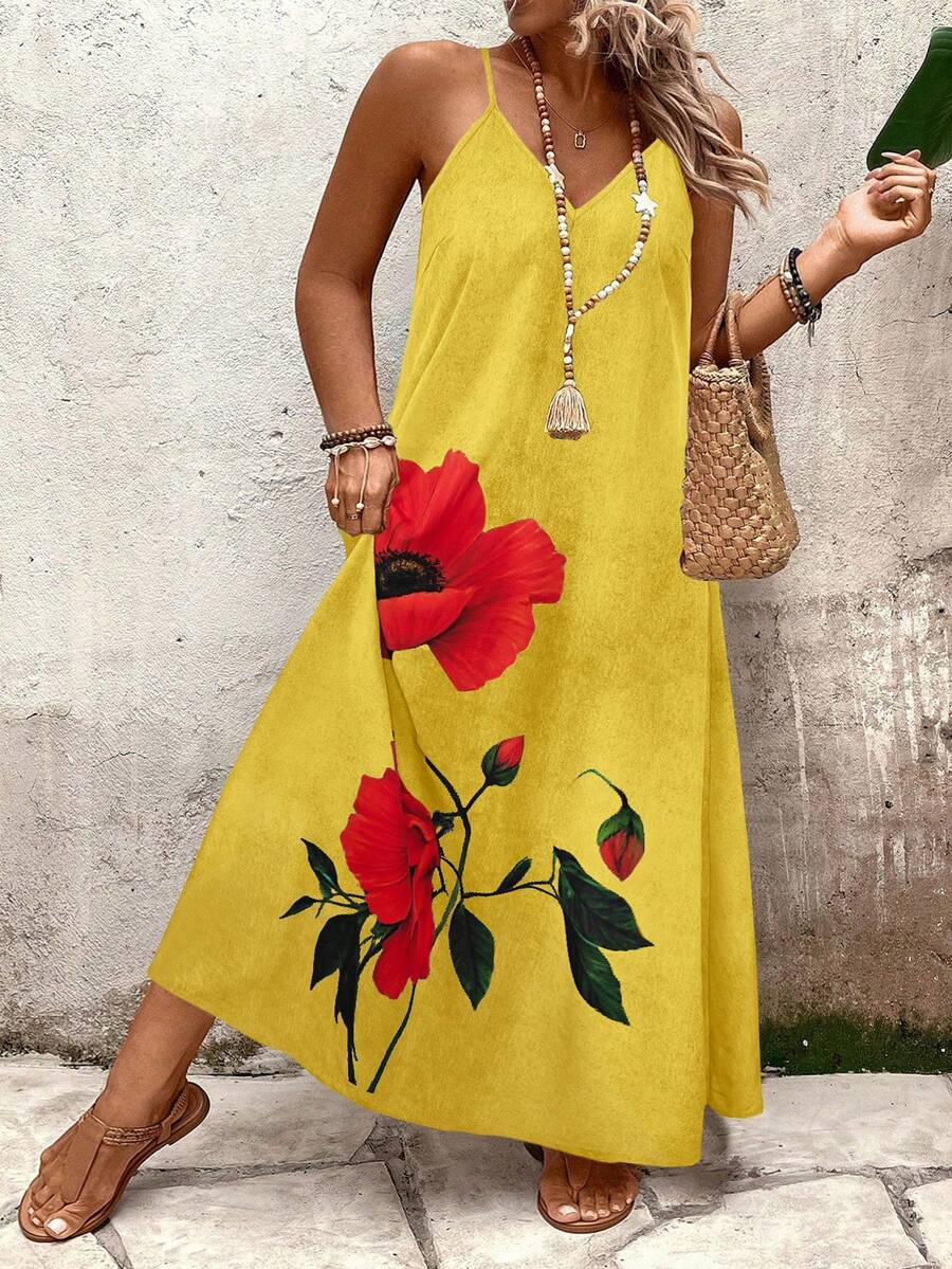 Breezaya Women's Plus Size Loose Floral Rose Print Spaghetti Strap V-Neck Dress - Yellow - View 1