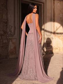 Glamrae Elegant Queen Princess Luxurious Handmade Diamond Pearl Sequin Mesh Patchwork Knit Maxi Dress Chiffon Flounce Graduation Formal Gala Dinner Pink Fall - Dusty Pink - View 3