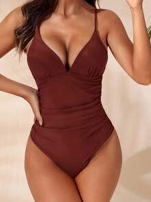 Swim Chiccia Traje de baño de una pieza para mujer de unicolor con tirantes de espagueti y espalda descubierta, adecuado para el verano - Café integral - Ver 4