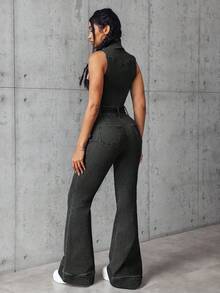 SHEIN EZwear 女款夏季休閒無袖牛仔連身褲 - 黑色 - 查看 2