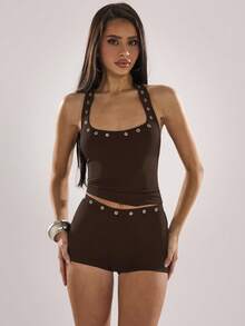 SHEIN BAE Spring/Summer Music Festival Rave Black Halter Sexy Basic Metal Eyelet Decor Top And Ultra Low Waist Metal Eyelet Mini Shorts/Festival Party/Concert/Casual Outfit/Basic Outfit/Going Out Outfit/Club Outfit/Summer Outfit - Coffee Brown - View 6