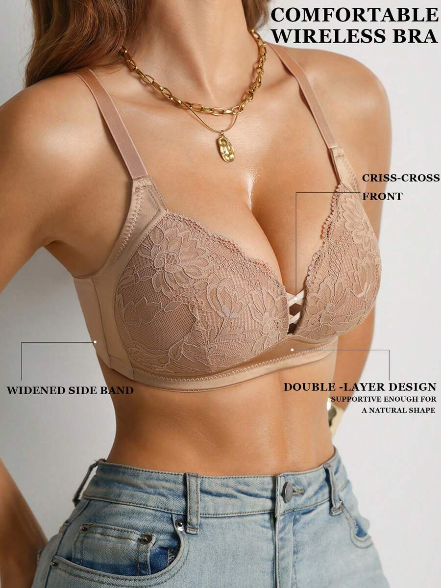 DesireSculpt Women's Comfortable Solid Sexy Flower Lace Scallop Romantic & Simple Cross Strap Wire-Free Soft Cup Anti-Sagging Support Bra