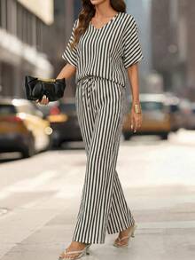 Editum Women's Round Neck Short Sleeve Loose Top Brown Textured Fabric Wide Leg Pants Solid Color Elegant Daily Street Vacation Commute Spring Summer 2pcs Set - Black and White - View 7