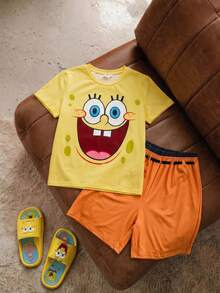 SpongeBob SquarePants | SHEIN 2件組趣味休閒風青少年男孩圓領短袖T恤與短褲舒適居家服套裝聯名款 - 彩色 - 查看 3