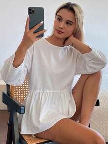 DAZY 女款圓領蝴蝶結寬鬆版型夏季襯衫 - 白色 - 查看 4