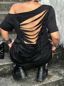 Whyspr Plus Size Teen Sweet Lace Patchwork A-Line T-Shirt Summer - Black - View 2
