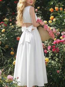 SHEIN MOD Đầm midi không tay cổ tròn màu trơn dành cho nữ, thắt eo. - trắng - Xem 5