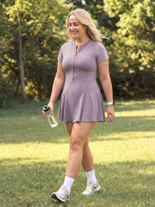 In My Nature Women's Plus Size Solid Color Minimalist Short Sleeve Sports Dress - Purple - View 7