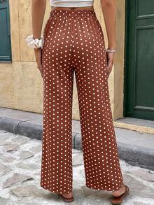 SHEIN Frenchy 女款拼色圓點印花休閒長褲 - 棕色 - 查看 2