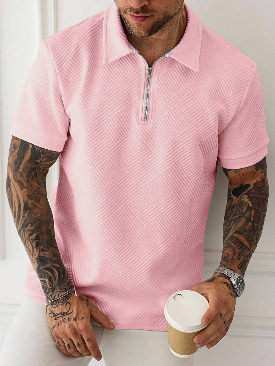 Manfinity Homme 男士夏季休閒極簡純色拉鍊翻領短袖 Polo 衫 - 粉色 - 查看 1