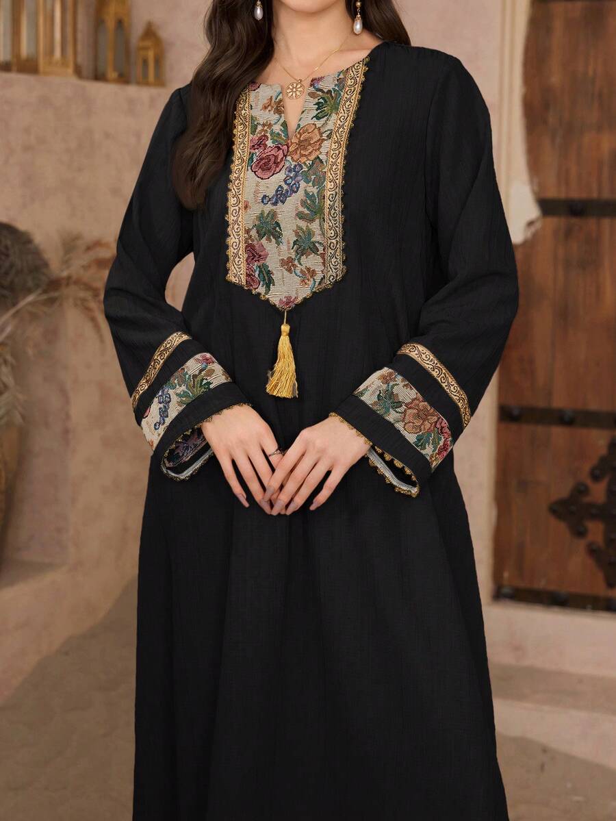 Al Najma 女款春夏季3D花卉針織領土耳其式長版上衣 & 阿拉伯傳統長版上衣 - 黑色 - 查看 1